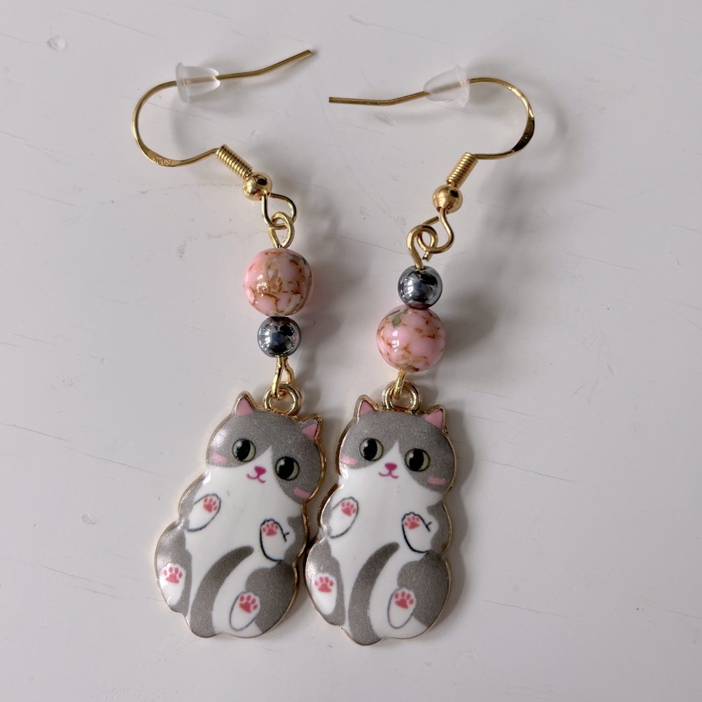 Cat Pendant Earrings with Pink & Gray Stone Beads